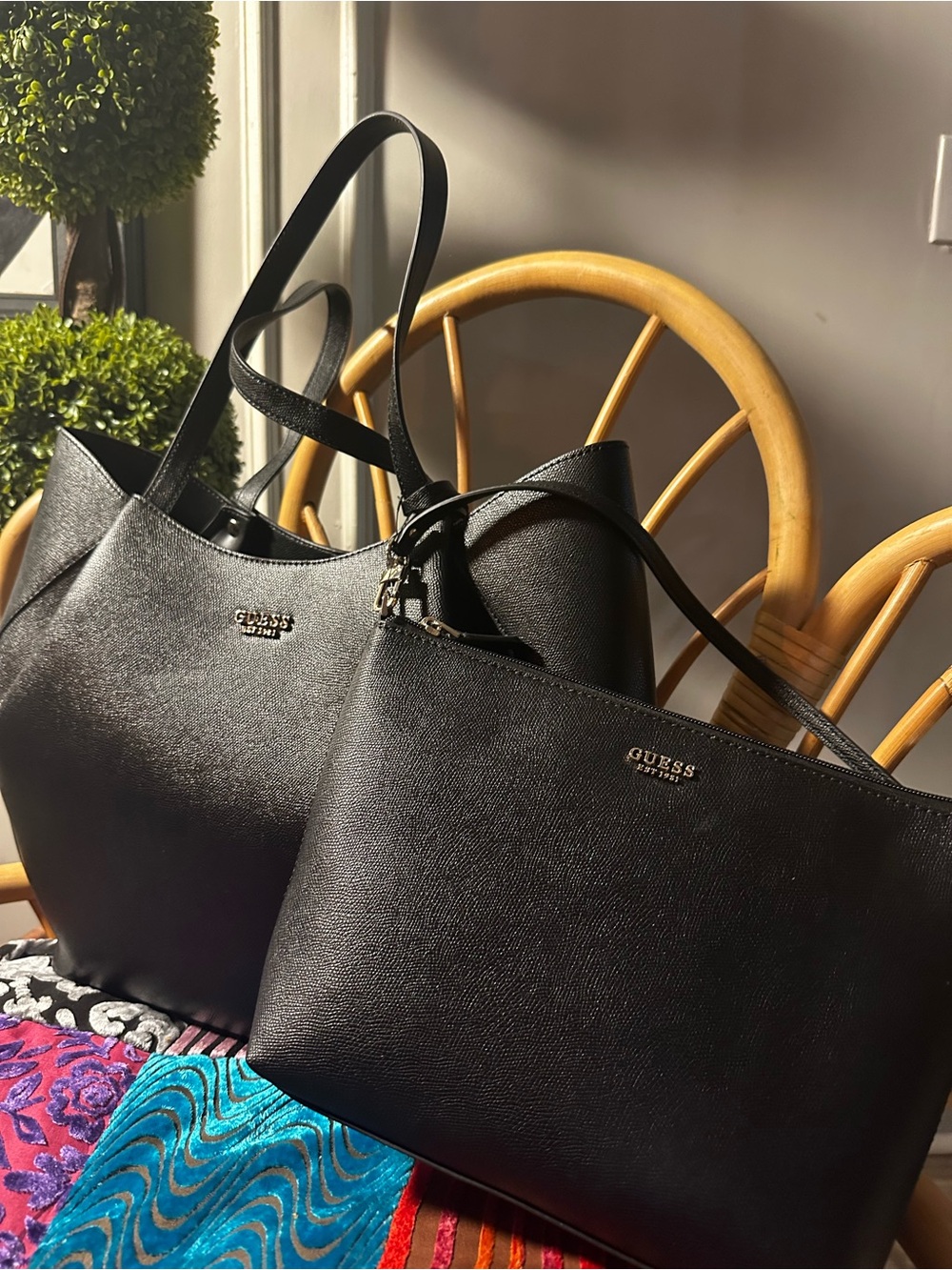 GUESS Black Tote with Matching Black makeup bag